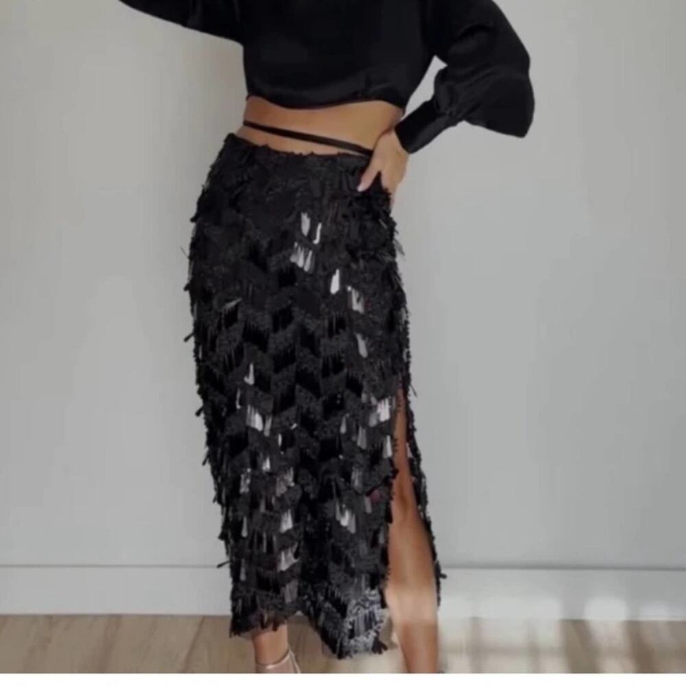 Zara Black Sequin Midi Skirt Size Extra Small XS - Picture 7 of 13